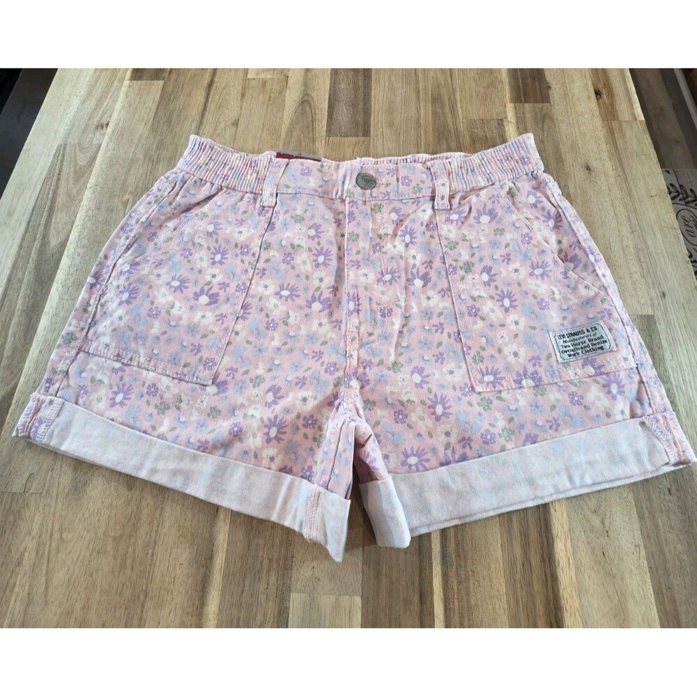 ​Levi's Girls High Rise Twill Shorts Size 14 NWT Pink Floral Elastic Waist Kids